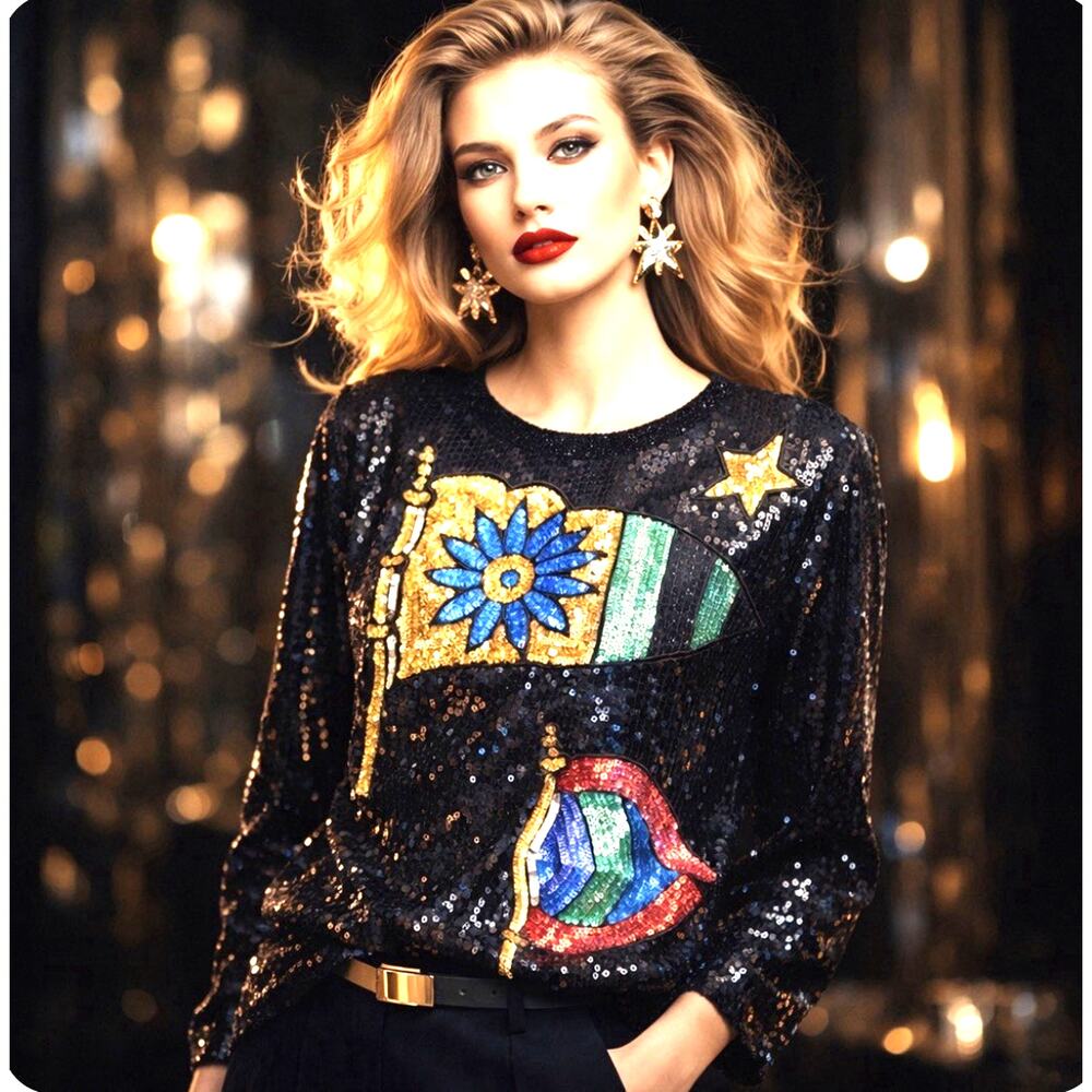 Vintage Creative Creations Silk Fully Beaded Black Gold Sequined LS Top Size M